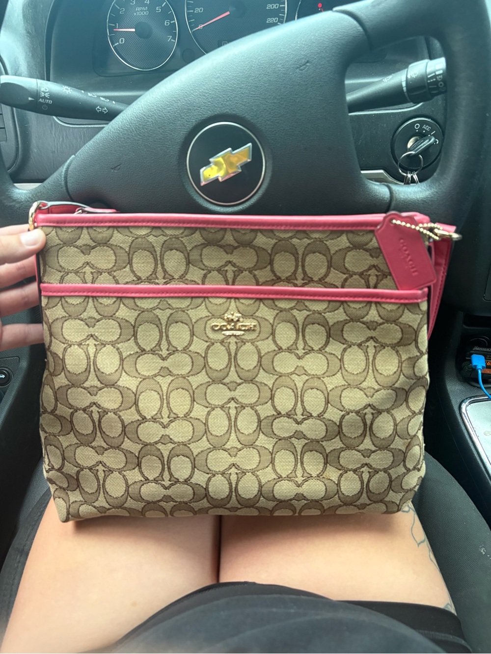 Coach Brown Signature Canvas CrossBody with Pink Trim
